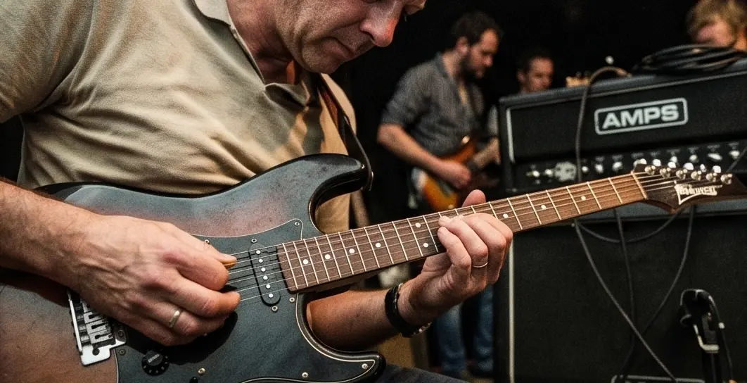Gitaardocent legt een riff stap voor stap uit aan een deelnemer
