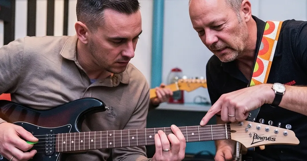 Deelnemer houdt voor het eerst een elektrische gitaar vast