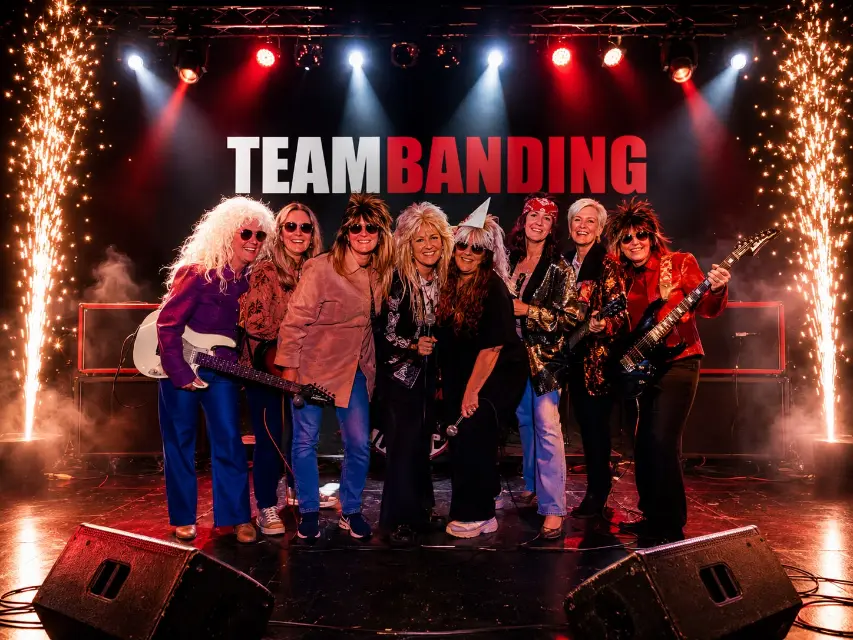 Vriendengroep staat samen als band op het podium tijdens een vrijgezellenfeest